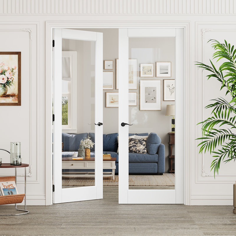 Interior 1-Lite Clear Glass Door, CARB P2 MDF & SGCC Tempered Glass French Doors, Matte Blackl Hardware-Privacy Door Lever with Lock, Latch & Hinges, Pre‑Finished & Waterproof, Pantry, Bedroom, Bathroom & Closet, Easy DIY Stain, 60"x 80"