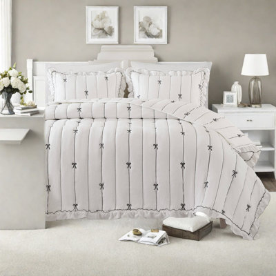 Bow Embroidered Bedding Sets, Microfiber Full Queen, Modern Home