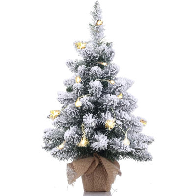 Mini sapin de Noël artificiel pré-éclairé, pin artificiel enneigé enneigé de 20 pouces avec 40 lumières DEL, 70 branches, base en toile de jute pour bureau - (50 cm)