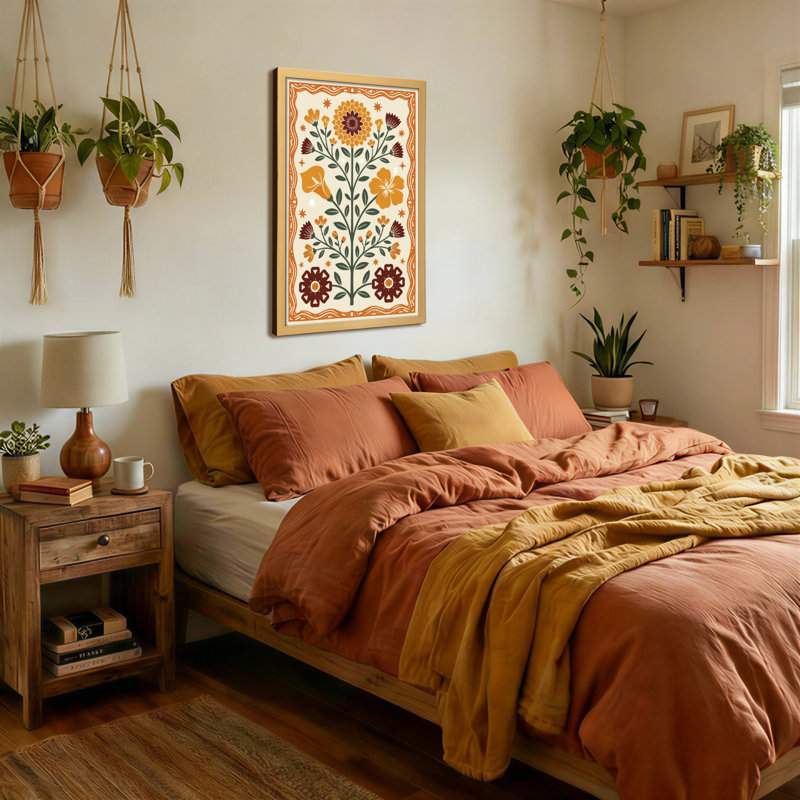 Plantes et fleurs avec motif floral orange et brun, H 18 po x l 12 po