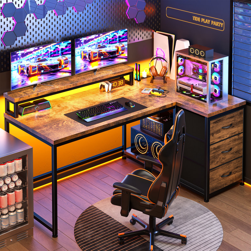 Small Home Office L Shaped Computer Desk With 3 Drawers & Led Lights & Power Outlet & Monitor Stand, 36" H x 48" W x 32" D