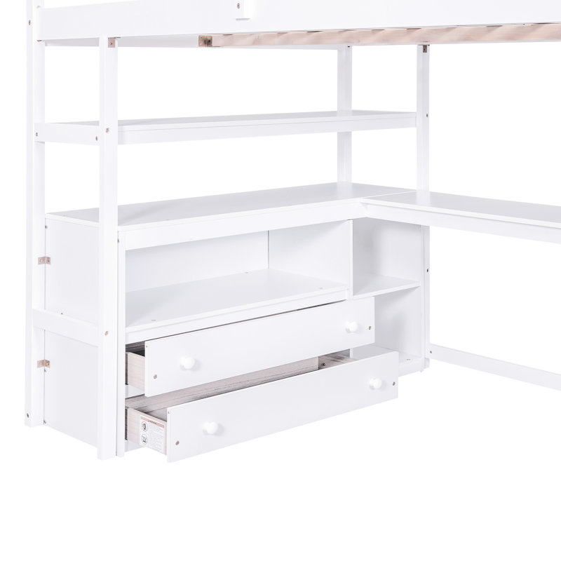 Lit mezzanine double avec bureau, tablettes et accessoires de rangement - blanc, Lit double, Blanc