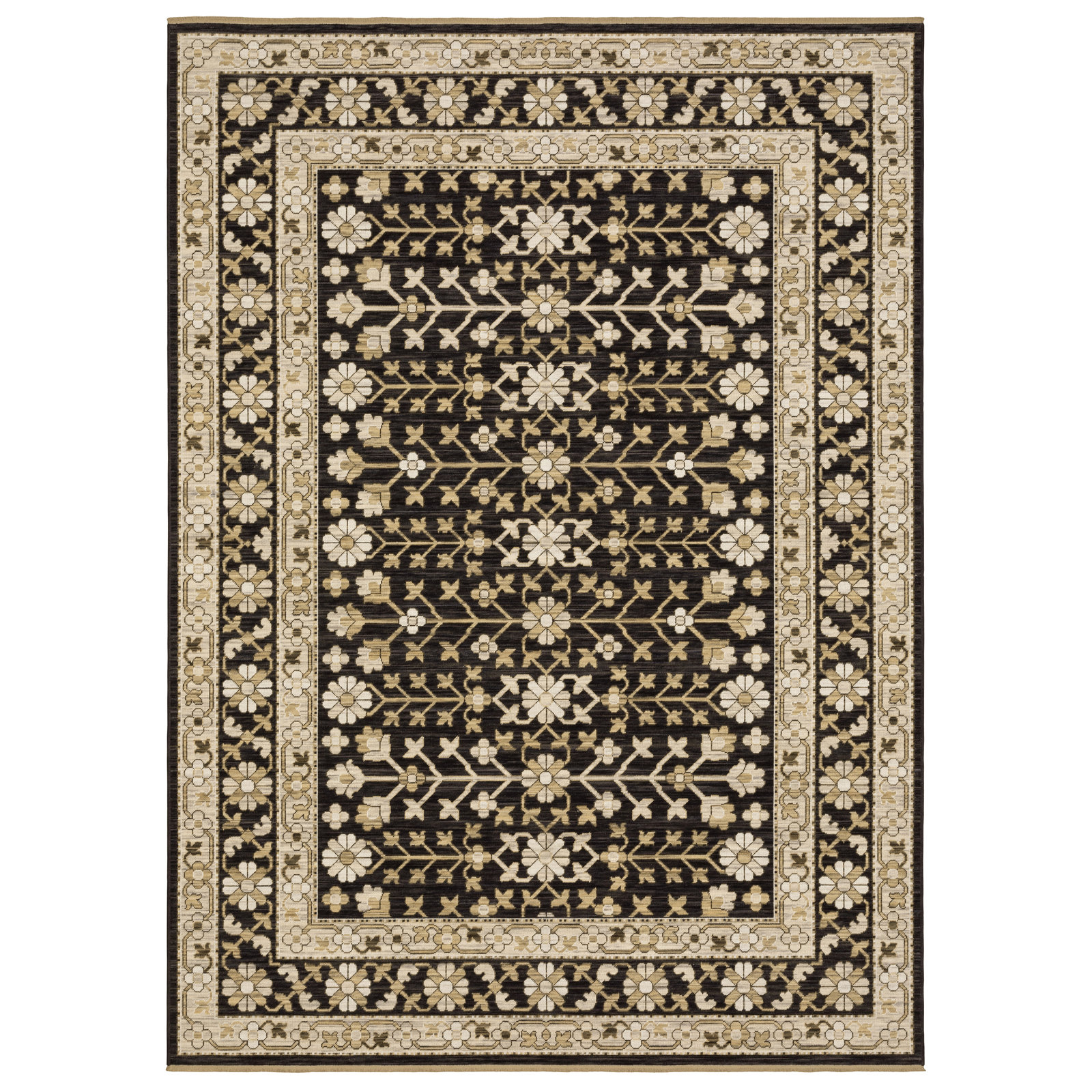 Abena Black Beige Floral Oriental Wool Rug, Rectangle 7'10" x 10'10"