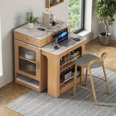 Îlot de cuisine 59,5 po avec table de salle à manger extensible - 3 longueurs réglables (jusqu'à 41,8 po), rangement double-face, armoire de porte en verre, prise de courant avec USB et Type-C, tablettes latérales, blanc pour la cuisine ou la salle à manger