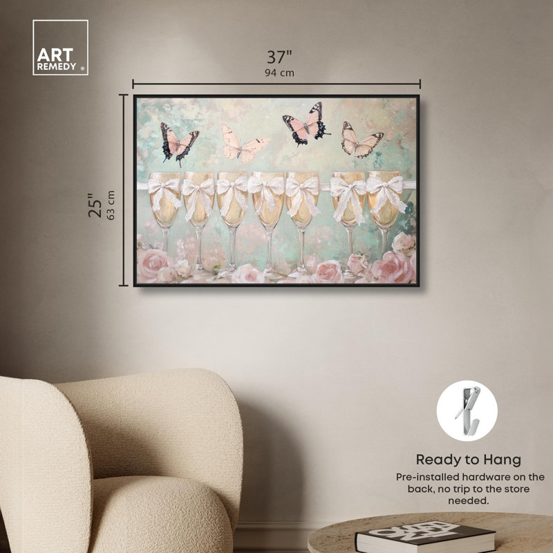 «Champagne Mint and Pink Glass Collection», art mural sur toile , H 25 po x l 37 po, Cadre flottant noir