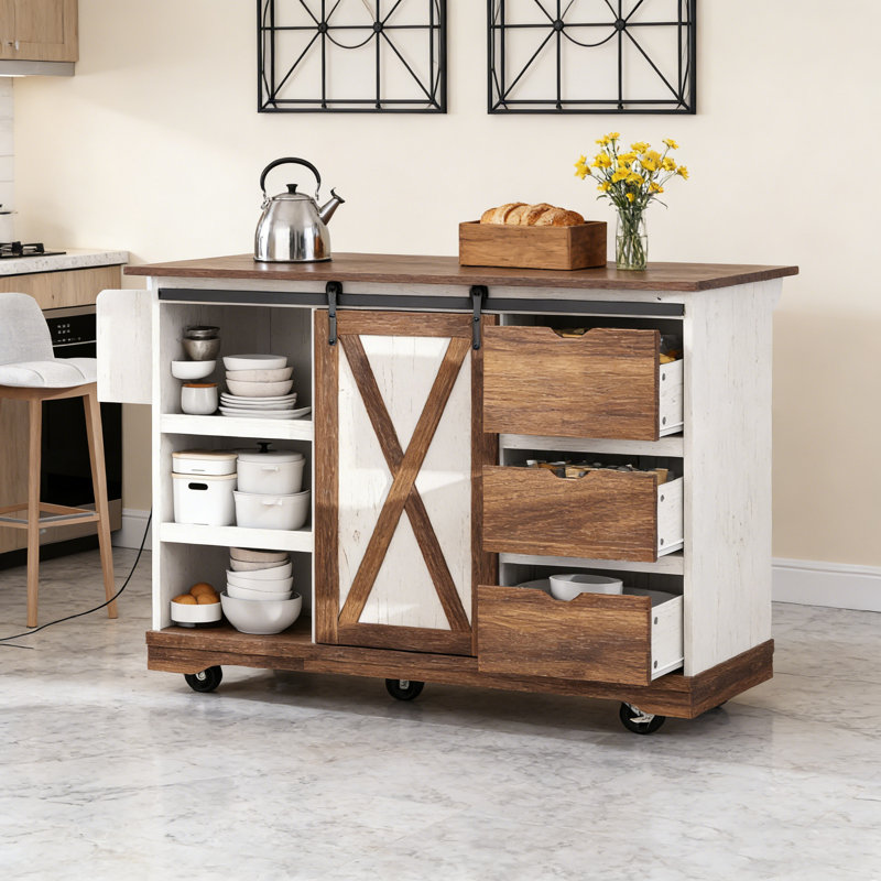 55.5-Inch Farmhouse Kitchen Island with Drop Leaf, Power Outlet, Barn Door, and Rolling Wheels for Flexible Storage and Workspace.