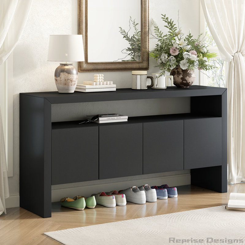 Buffet de rangement 60 "à 4 portes avec tablette ouverte, Noir