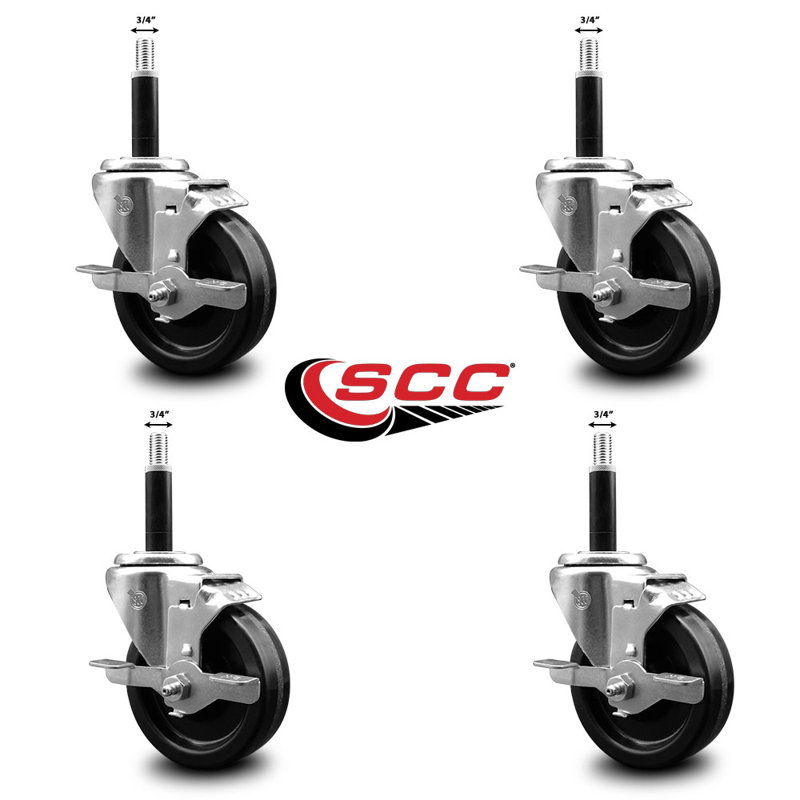 Phenolic Swivel Expanding Stem Caster Set with Brake SCC TLB 4" x 3/4"