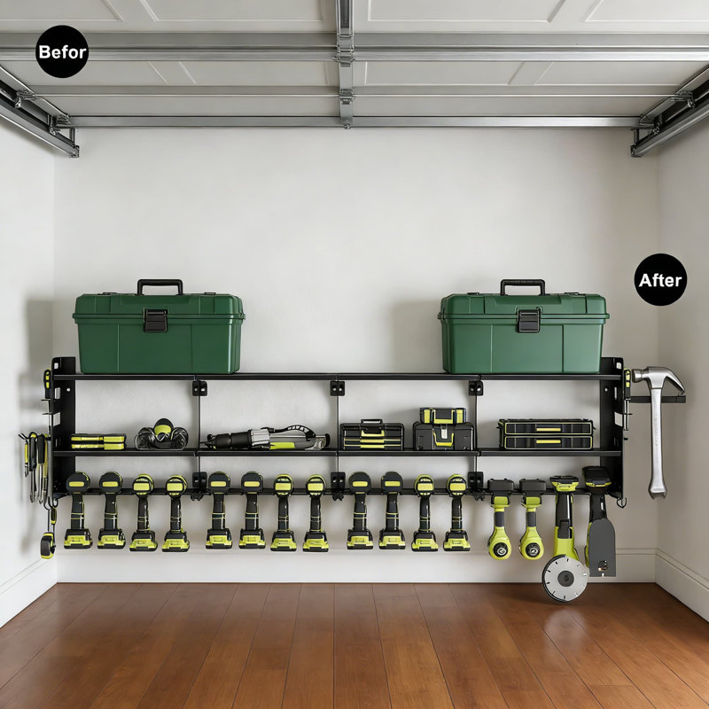 Power Tool Organizer Wall Mount With 16 Slots And Pegboard Sides, 3-Tier Heavy-Duty Storage Holder For Drills And Cordless Tools, Garage And Workshop Tool Wall System