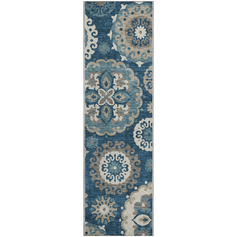 Premium Machine Washable Prisco Blue Rug, Runner 2'3" x 7'6"