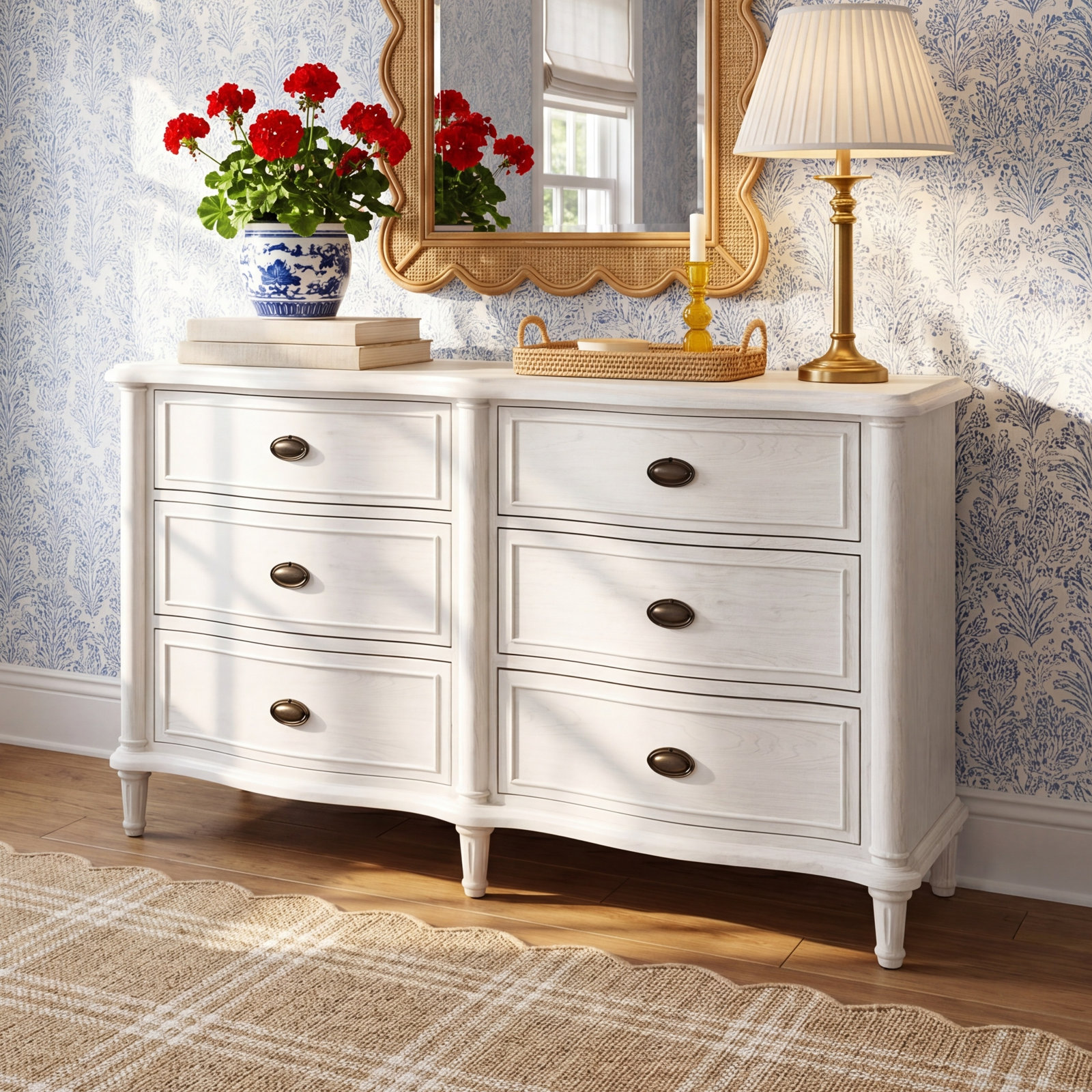 Watson 6 Drawer 64" W Solid Wood Double Dresser, Cream