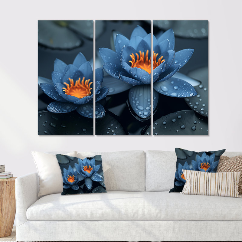 «Blue Monicolang Lotus Pond Radiant Blooms III - Lotus», ensemble d'art mural, H 28 po x l 36 po x P 1 po