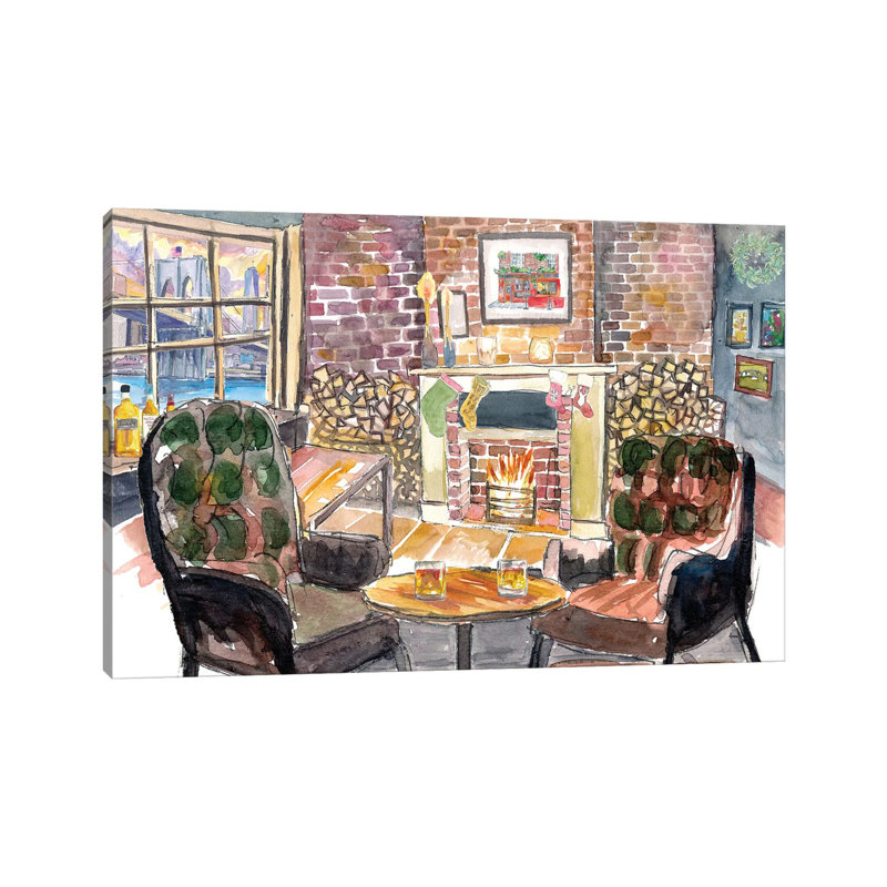 Quiet And Cozy Christmas Eve At Fireside In New York Pub by Markus & Martina Bleichner - Wrapped Canvas Gallery-Wrapped Canvas Giclée