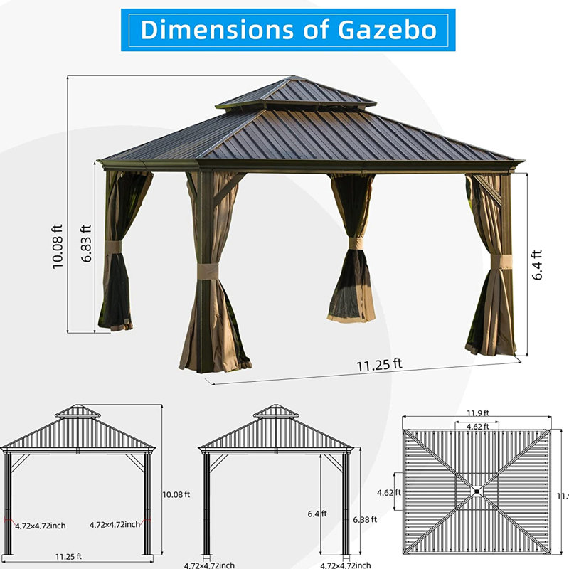 Structure extérieure en métal avec double structure ventilée et aluminium renforcé - pavillon de jardin en acier galvanisé brun de 12 pi x 12 pi