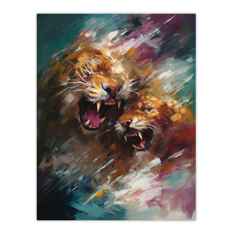 A Big Cat Fight Jaguar Lion Leopard Action Painting Large Wall Art Poster Print Thick Paper 18X24 Inch