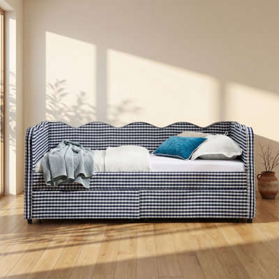 Cozy Gingham 43" W x 81" D x 33.5" H Twin Upholstered Linen Daybed with 2 Drawers and USB Port