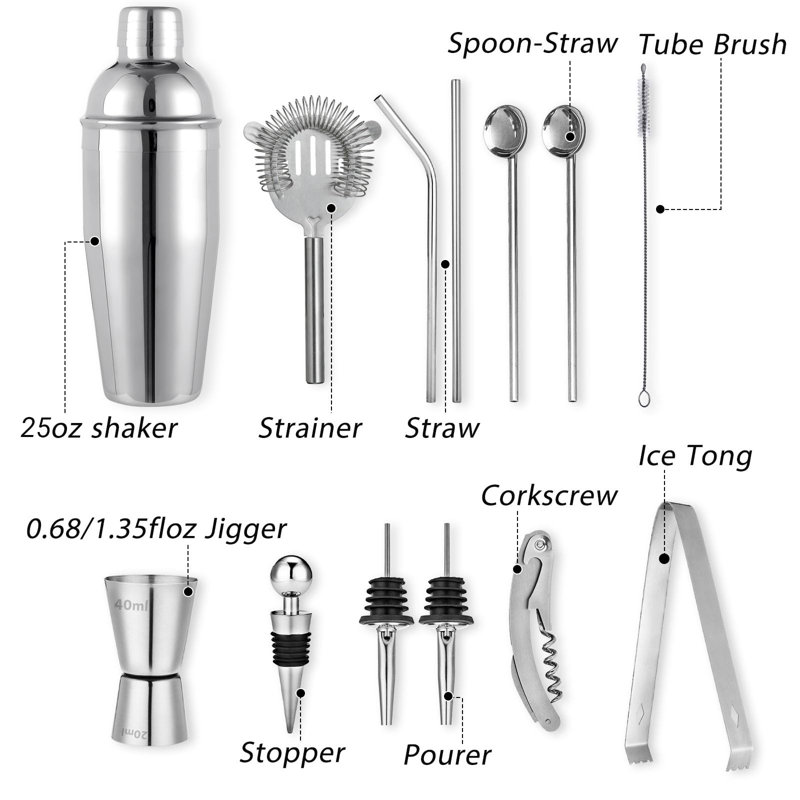 Cocktail Shaker Set Bartender Kit, 15Pcs Bartender Shaker Set, 304 Stainless Steel Martini Shaker And Strainer, 550Ml /19OZ Bar Tool Set With Bamboo Stand, Recipe Book, For Home And Bar