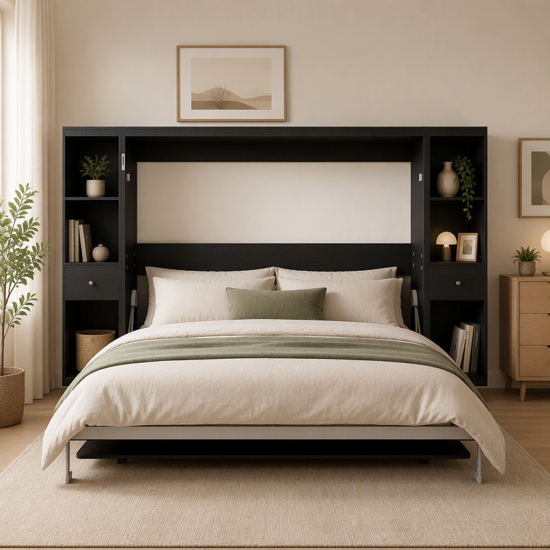 Lit escamotable horizontal Queen Size avec bureau, pieds motorisés et armoire de rangement, cadre gris et noir pour bureau à domicile ou chambre d'amis
