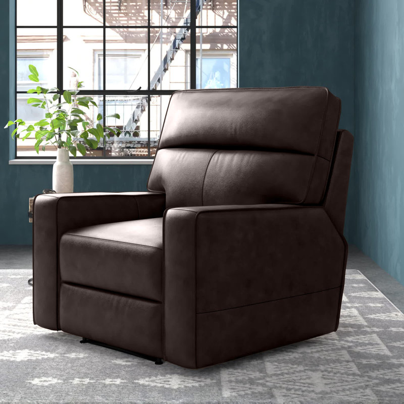 Fauteuil inclinable standard à bouton-poussoir en cuir véritable de 38 po de large Chevelle, Brun foncé