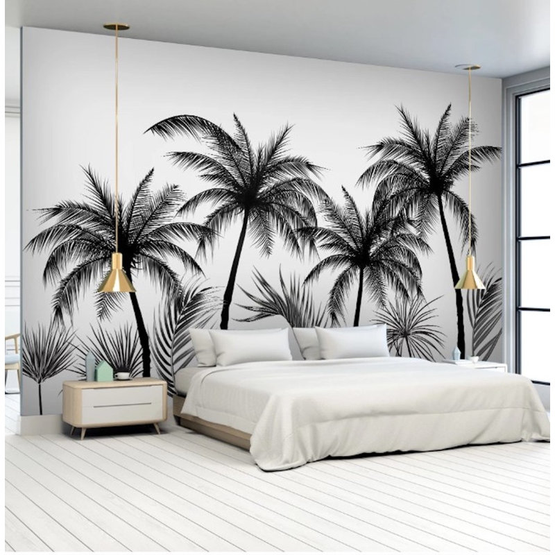Papier peint amovible noir et blanc avec palmiers exotiques, L 9 po x l 15 po