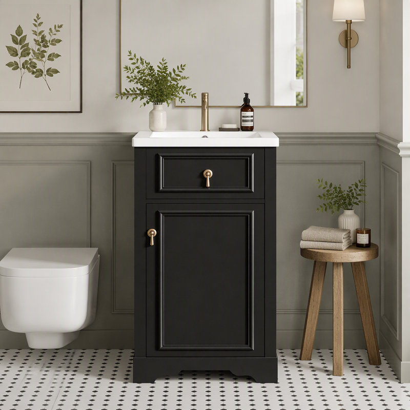 Meuble-lavabo en bois véritable et panneau de fibres à densité moyenne de 20 pouces - lavabo en céramique / porte à fermeture en douceur, tablette réglable / support de porte et protection contre le débordement, idéal pour les salles de bain petites et étroites