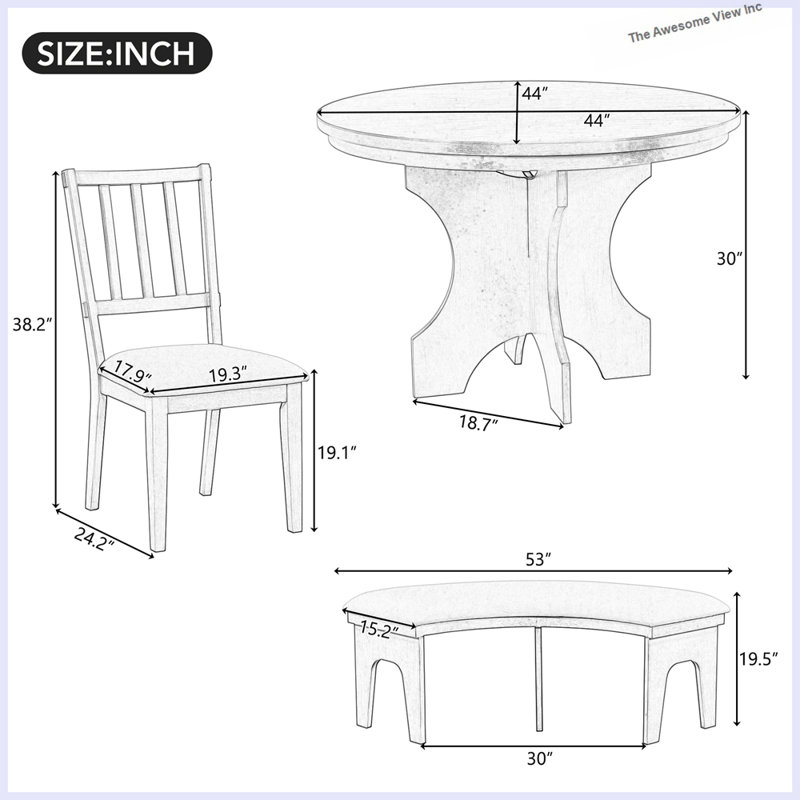Modern Zanera 5-Piece Dining Table Set, 44" Round Dining Table with Curved Bench & Side Chairs,kitchen table set,dining table set,dining room set