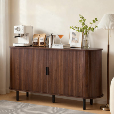 Coffee Bar Cabinet, Mid Century Fluted Coffee Bar Table, Buffet Stand Cabinet with 2 Sliding Doors, Sideboard Buffet Station for Living Room, Entryway, Kitchen, 55.1 x 15.7 x 29.5 in, Walnut