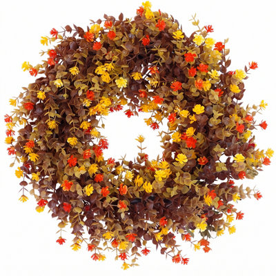 Couronne d'automne artificielle de 50 cm (19,7 pouces), couronne de récolte d'automne avec feuilles d'automne colorées et petites fleurs, couronne de porte d'entrée pour la décoration murale ou de fenêtre de la maison pour l'Action de grâce