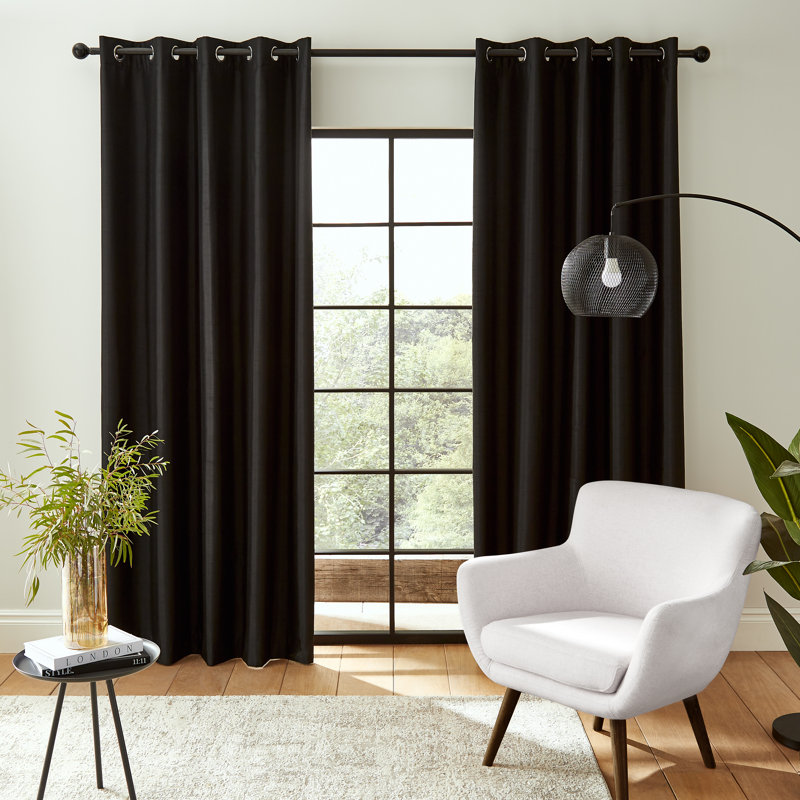 Faux Silk Blackout Thermal Insulating Eyelet Curtains, 117 x 137 cm, Black