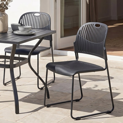 Fully Assembled Plastic Armless Stackable Patio Dining Chairs Set of 2, Stacking Chairs With Metal Frame, Balcony Side Chairs for Indoor & Outdoor Use (Set of 2)