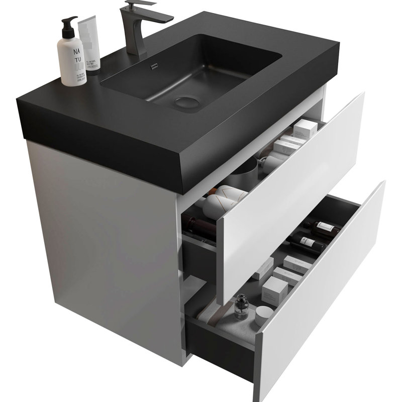Lavabo de salle de bain pour salle de bain - Attente murale moderne, amplificateur de rangement à double tiroir, poignée silencieuse, poignée élégante de 36 po de capacité, glissières silencieuses et apparence élégante