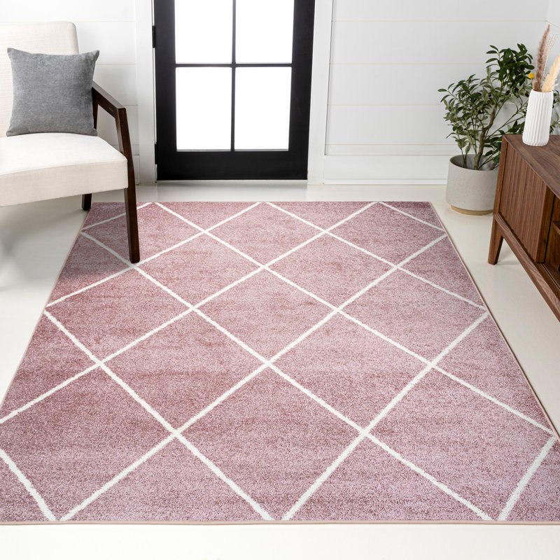 Tapis rose / blanc à motif de treillis diamant minimaliste Bertrice, Rectangle 5 pi x 8 pi