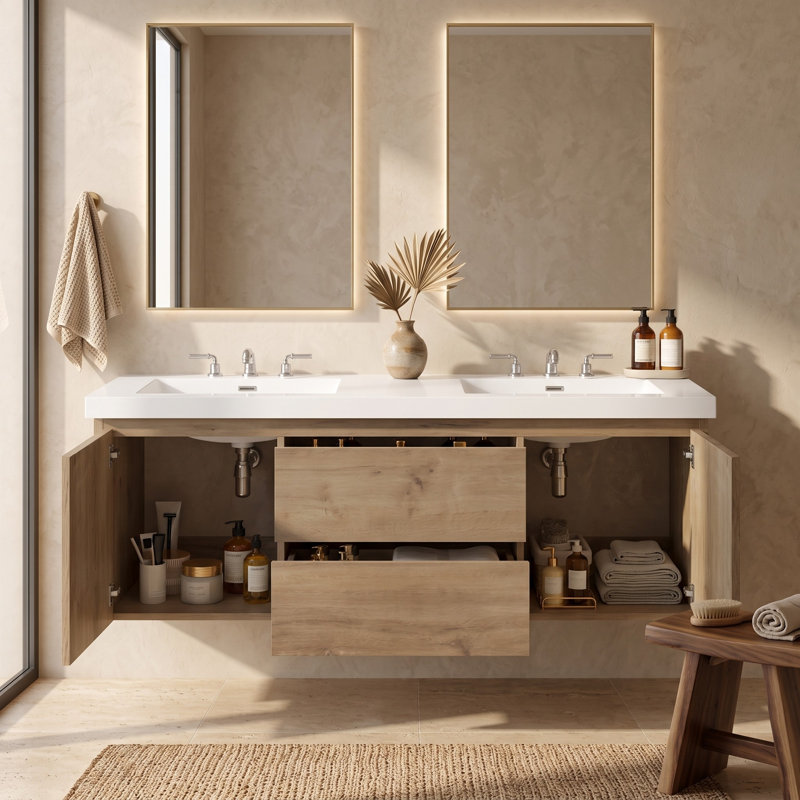 Meuble-lavabo double suspendu de 59,3 pouces avec poignées intégrées