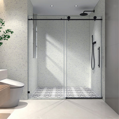 Matte Black frameless one fixed and one shifted Shower Door, 70MM 304 stainless steel large pulleys with adjustable soft closing function