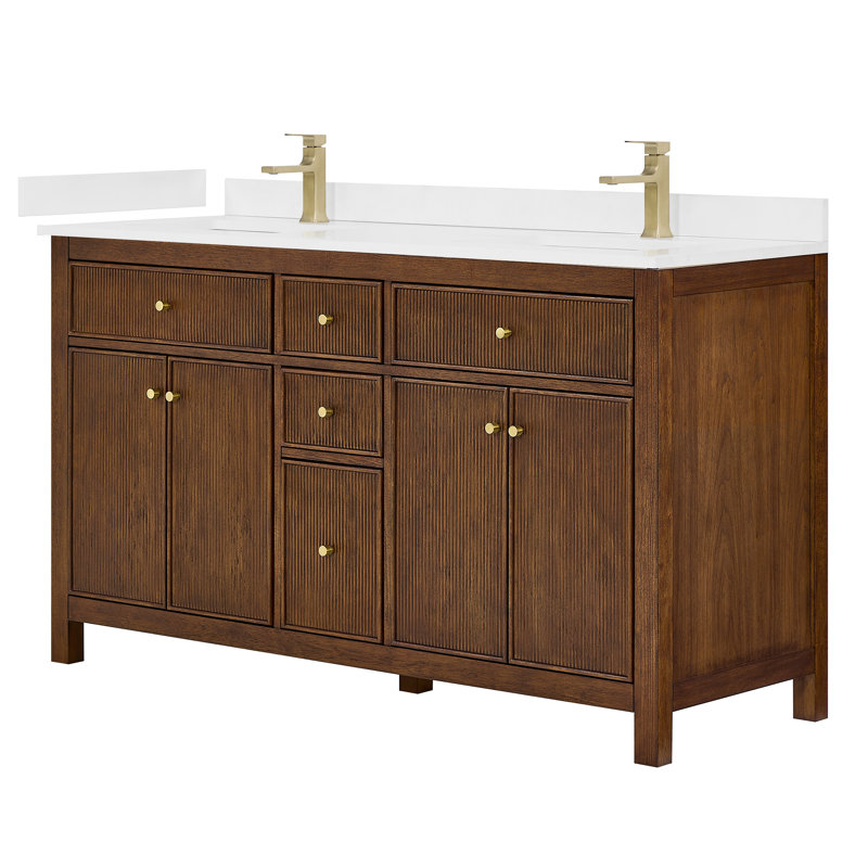 Elan TK 66" Freestanding Double Bathroom Vanity with Cultured Marble Top, White Cultured Marble, Brushed Gold, Dark Walnut