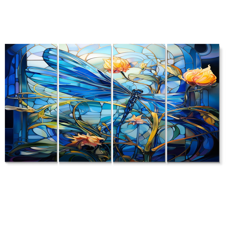 «Blue Dragonfly Yellow Flowers - Dragonfly Animal», ensemble d'art mural 4 pièces, H 32 po x l 64 po