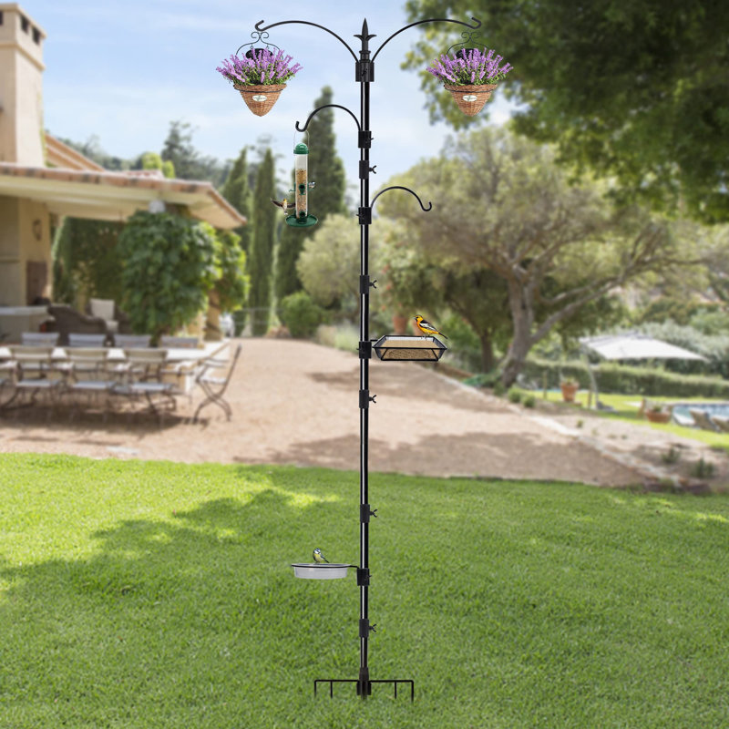 Ensemble de mangeoire à oiseaux, poteau à oiseaux 90 po x 23 po, support à fleurs, ensemble d'accrochage avec mangeoire en métal et bain