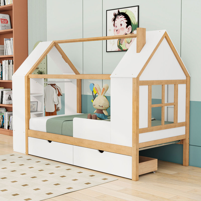 Lit plateforme simple en bois avec tablettes et tiroirs de rangement intégrés, Blanc / naturel