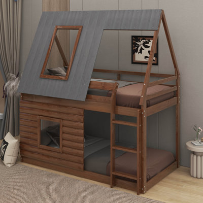 Lit superposé simple en bois avec toit, échelle et fenêtres