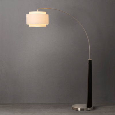 Lampe sur pied à arc 1 lumière Coronado - noir mat et nickel satiné, double abat-jour en lin blanc, gradateur
