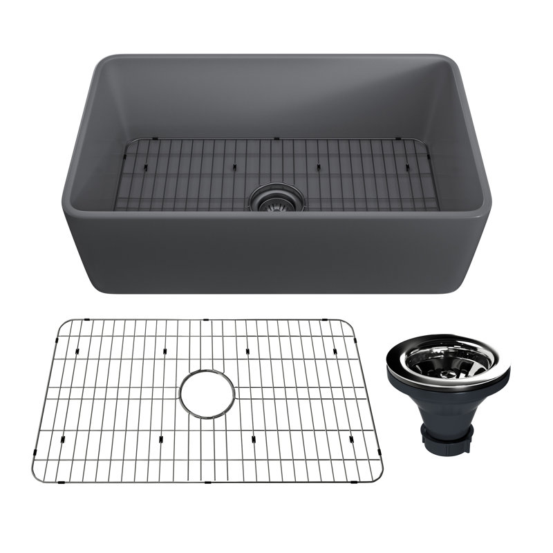 Pure Single Bowl Fireclay Farmhouse Kitchen Sink with Accessories, Black, 30''L x 18'' W x 10'' H