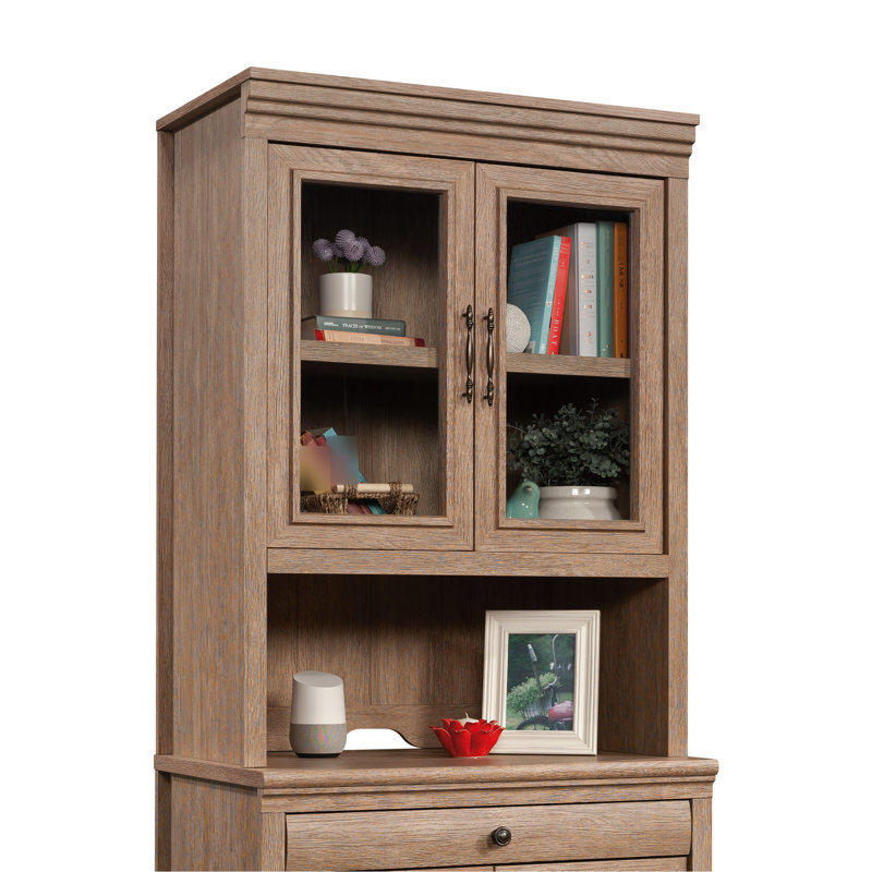 Style bureau, finition brune, bois d'ingénierie, tablette réglable derrière le cadre en verre, gestion des câbles, profondeur de 30,92 po, largeur de 18,1 po, hauteur de 43,14 po, poids de 77,46 lb pour