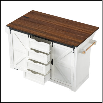 Kitchen Island with Fridge Storage Space, Power Outlet, 4 Drawers and Glass Holder