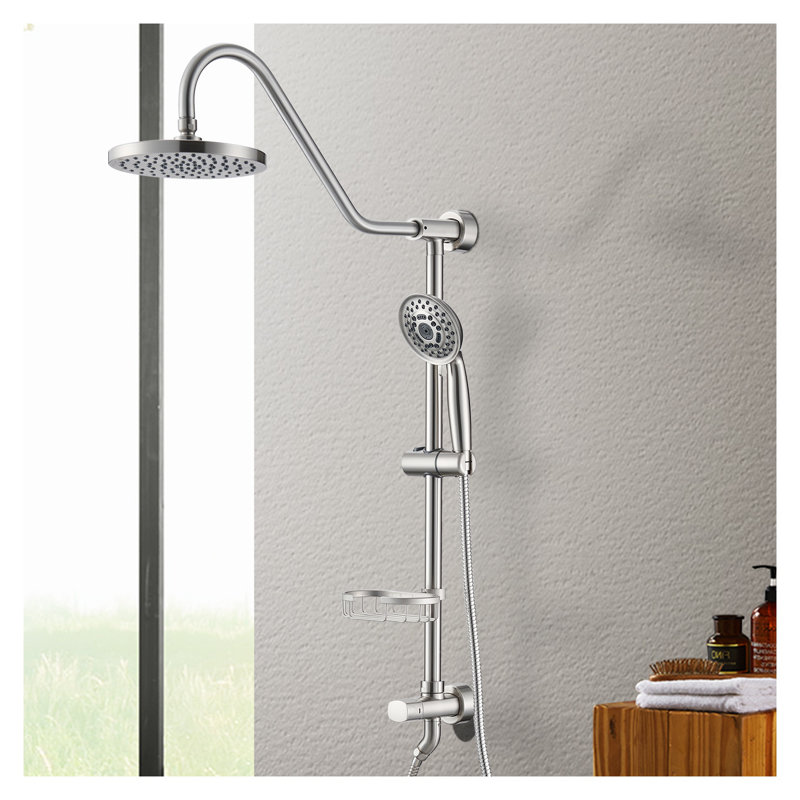Pomme de douche 8 pouces avec système de douche à main, système de douche en acier inoxydable nickel brossé avec 5 réglages de jet et barre coulissante réglable