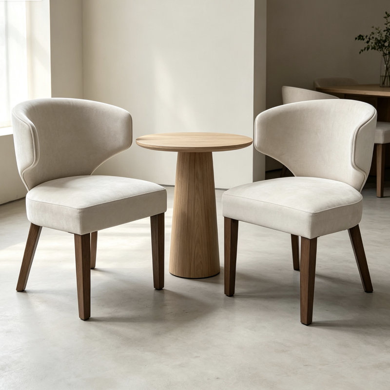 Chaise rembourrée avec dossier courbé et pieds en bois massif, Chameau