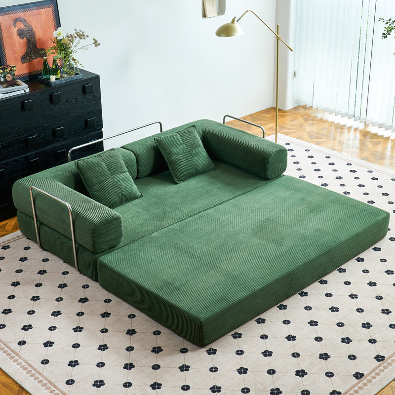 81.6" King Size Convertible Sleeper Sofa Bed With 2 Pillows, Corduroy Folding Mattress Couch Removable And Washable Sofa , Floor Sofa Lounge Couch For Living Room Small Spaces