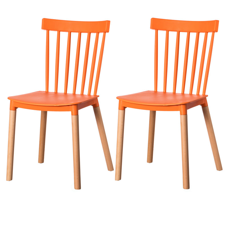 Chaise de salle à manger moderne en plastique avec pieds en bois de hêtre Windsor, orange, ensemble de 2, Orange