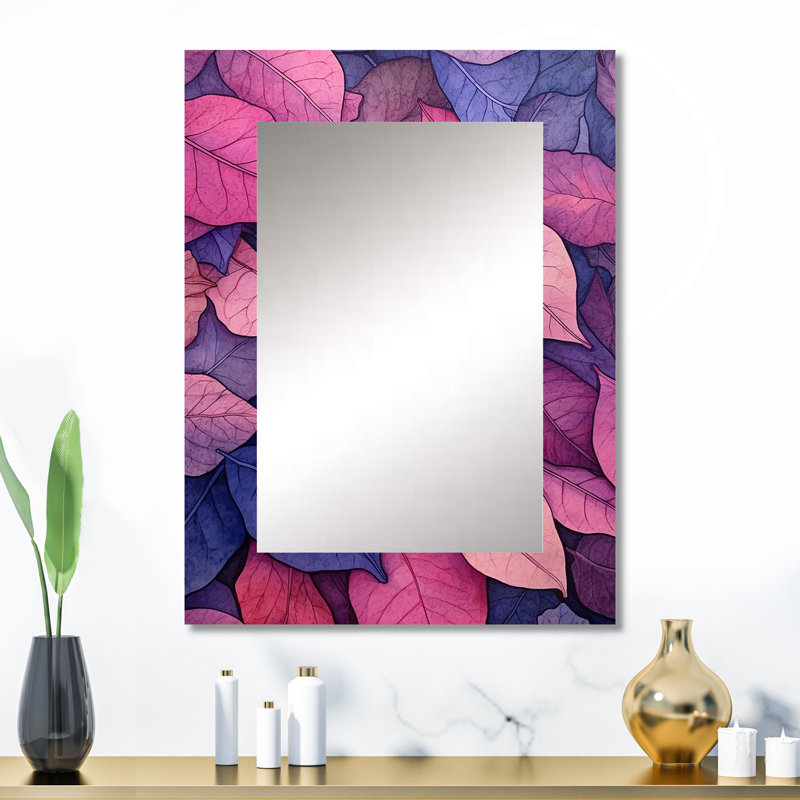 «Pink Blue Leafs» Harmony II - miroir mural décoratif floral, miroir traditionnel, impression d'art en métal, 32 po x 24 po