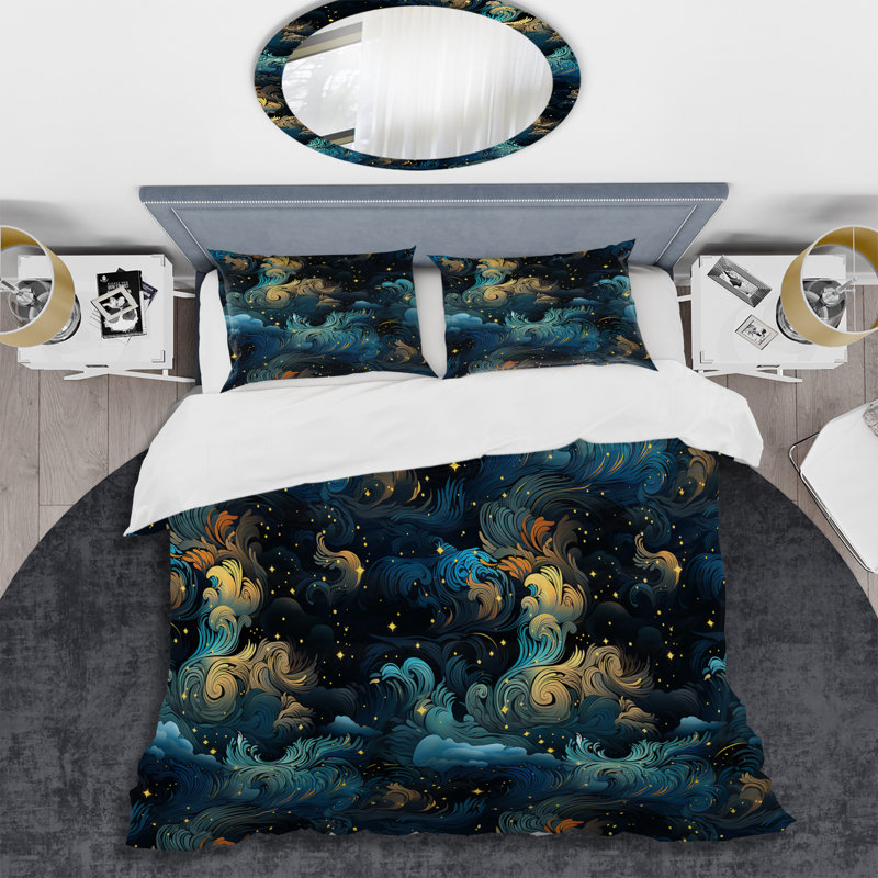 Ensemble de housse de couette à motif abstrait Cosmic Noir Moody, Housse de couette simple + 1 taie décorative stan