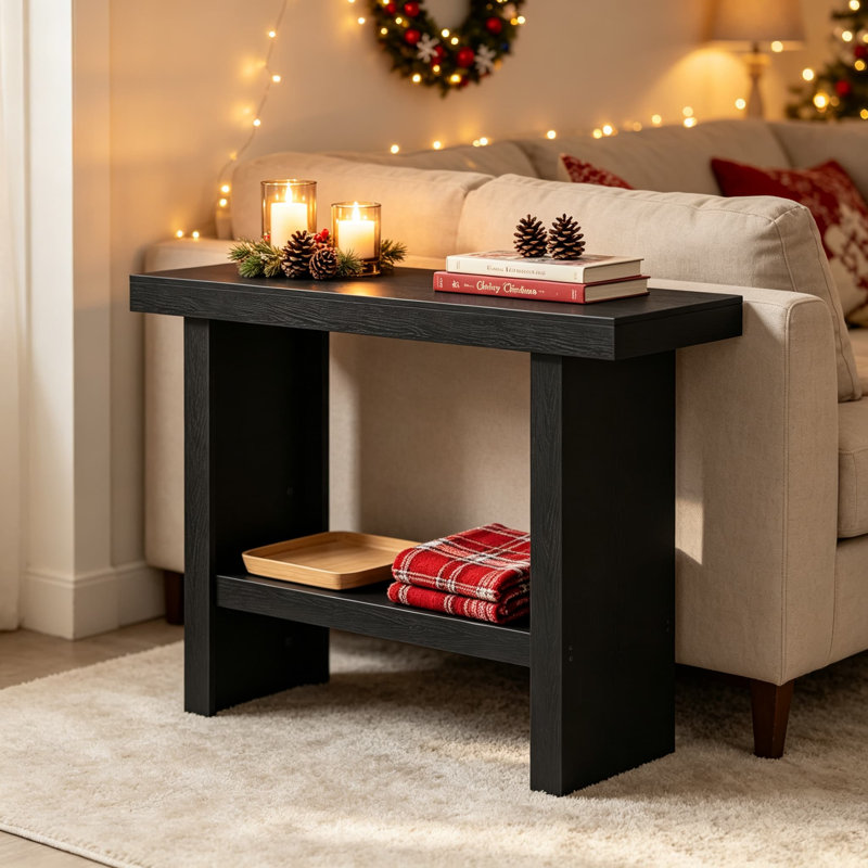 Console moderne avec rangement, table d'entrée rectangulaire pour couloir, vestibule, salon, fabrication en panneau de particules robuste, assemblage facile, finition noire